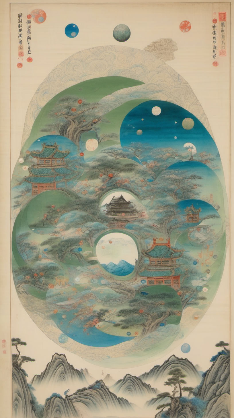Chinese gongbi drawing with otherworldly scenery cosmos traversable