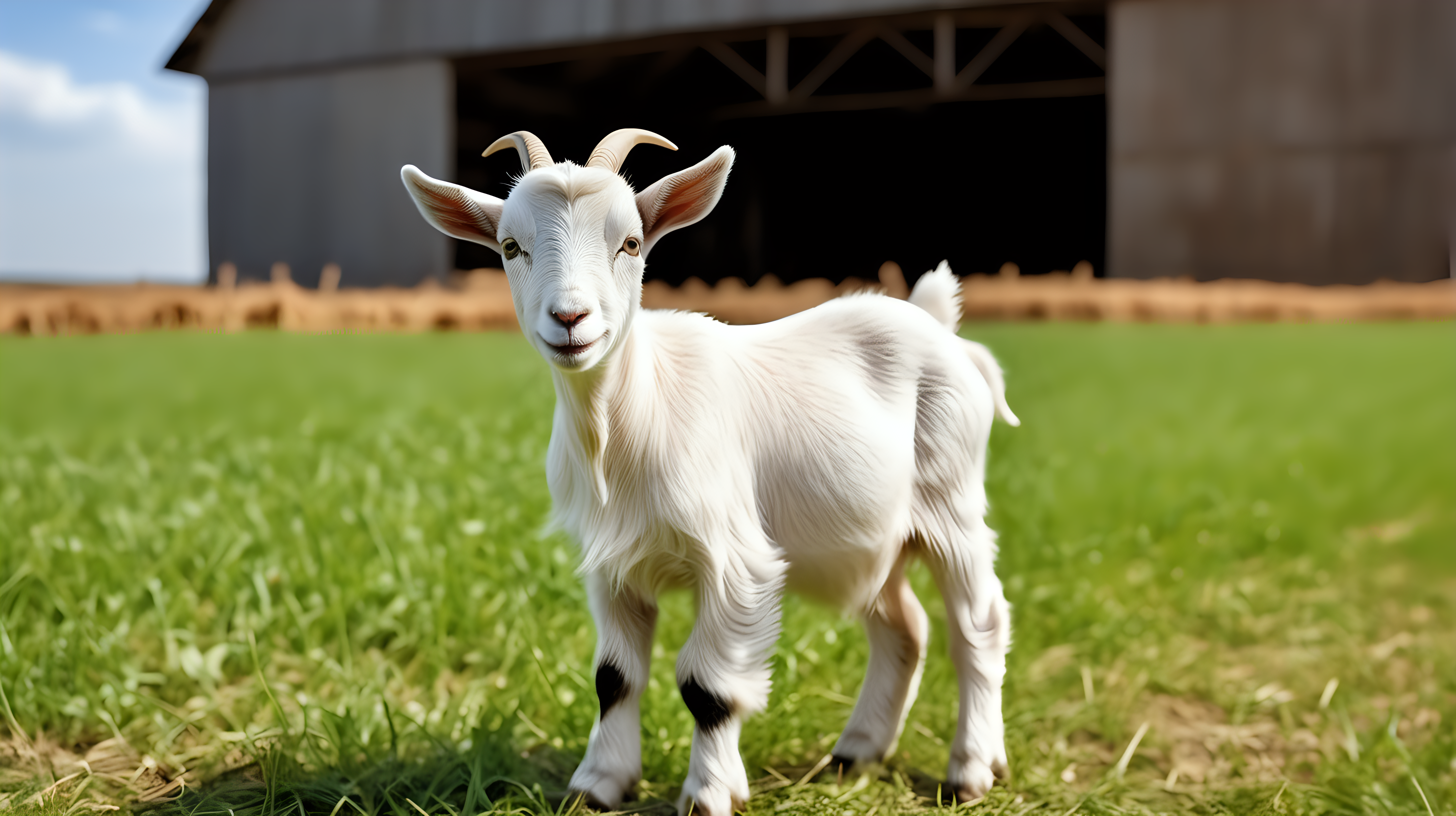 Little goat in field farm barn background isolated