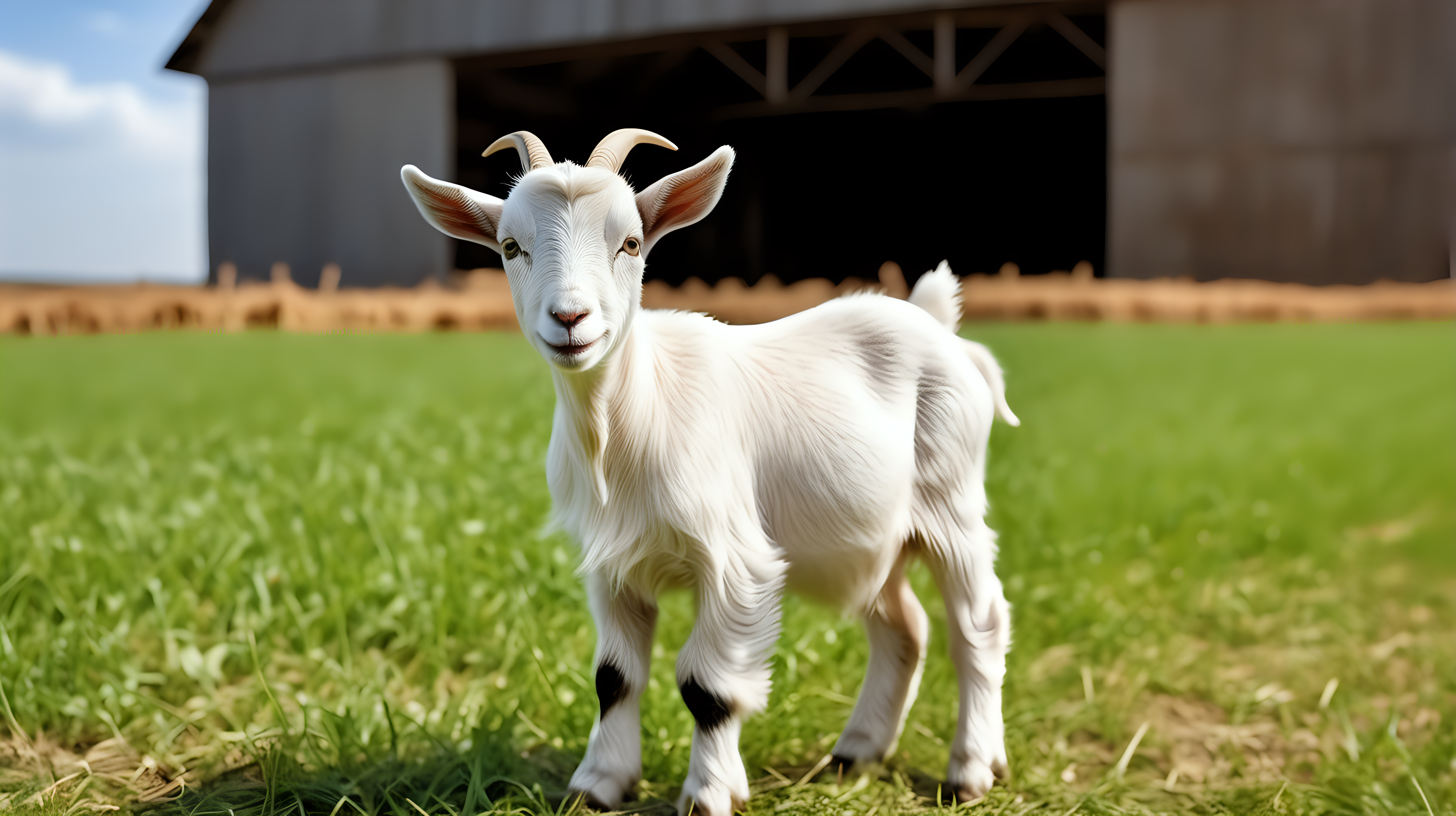 little goat in feild, farm barn background, isolated on background