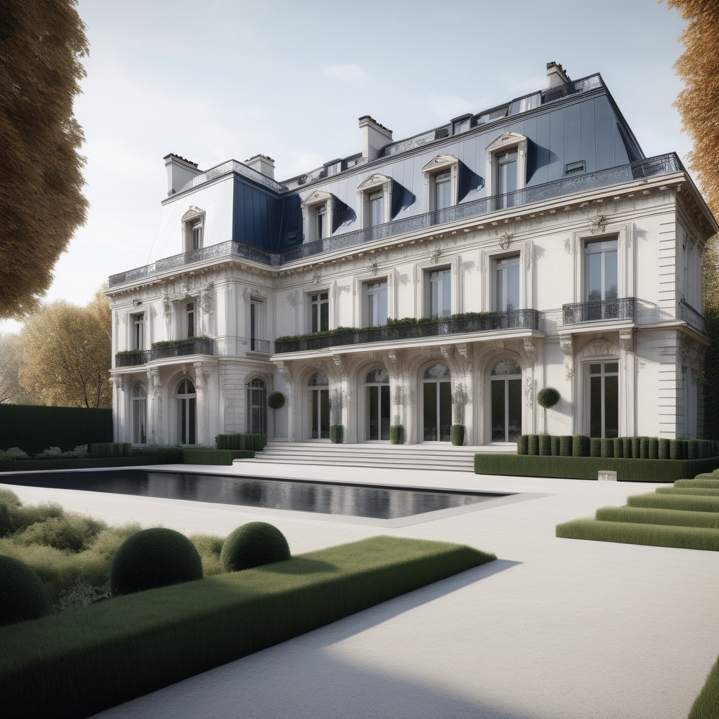 a hyperrealistic of a grand modern Parisian estate home 