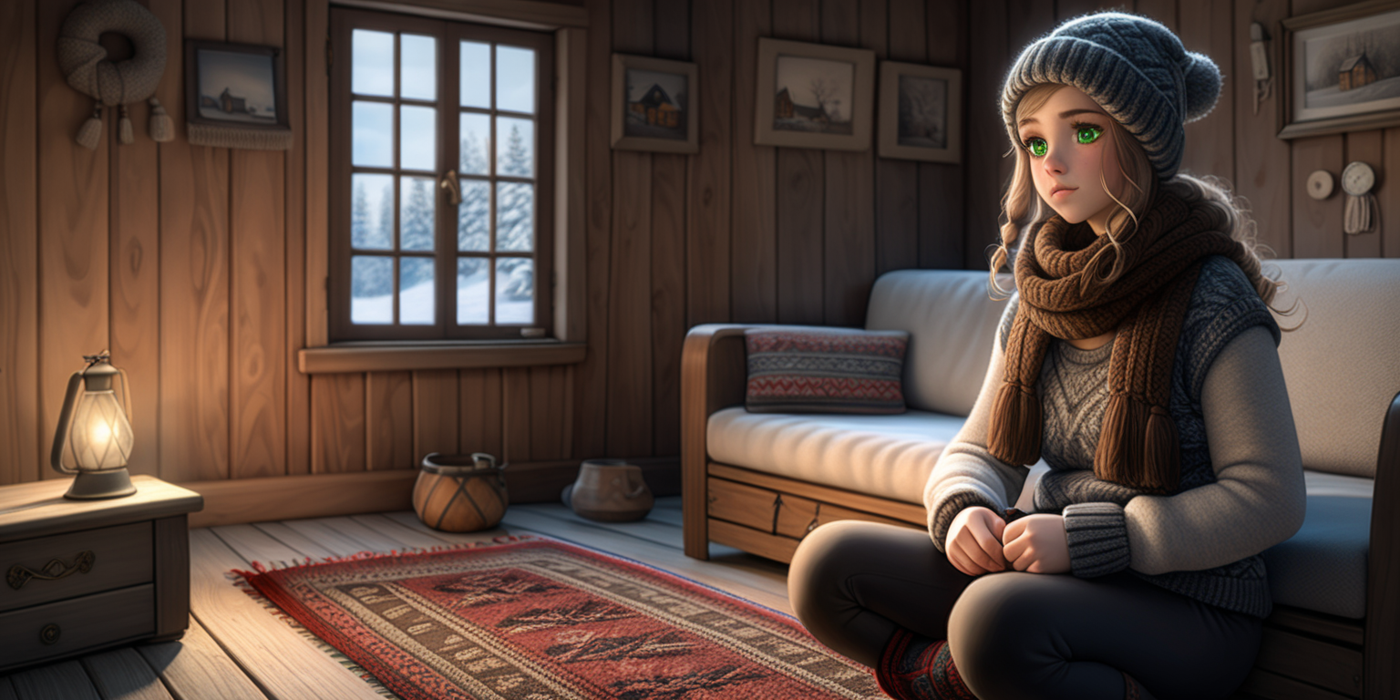 Village 30 years old women. Long ponytile tied hair, green eyes. She is dressed very thick in a country style - with thick hand knitted gray and brown woolen socks. She wears black tight black thermo leggings. She wearing brown sweater with a high collar . She is wearing a white sleeveless sweater over it. She has a scarf wrapped around her neck. A thick knitted hat on the head. Knitting alone on the floor in the old and wooden house. Around her is an old sofa covered with a rug. There is a black and red traditional rug on the ground. Her bed is behind her - an old one with a spring and a metal frame. A television with a kinescope looks out from an old wooden cabinet. The windows of the house are frosted over - you can see a lot of snow outside. It's night.
