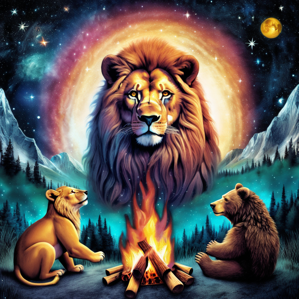 1 lion 1 wolf 1 bear campfire music cosmic loving kind 

