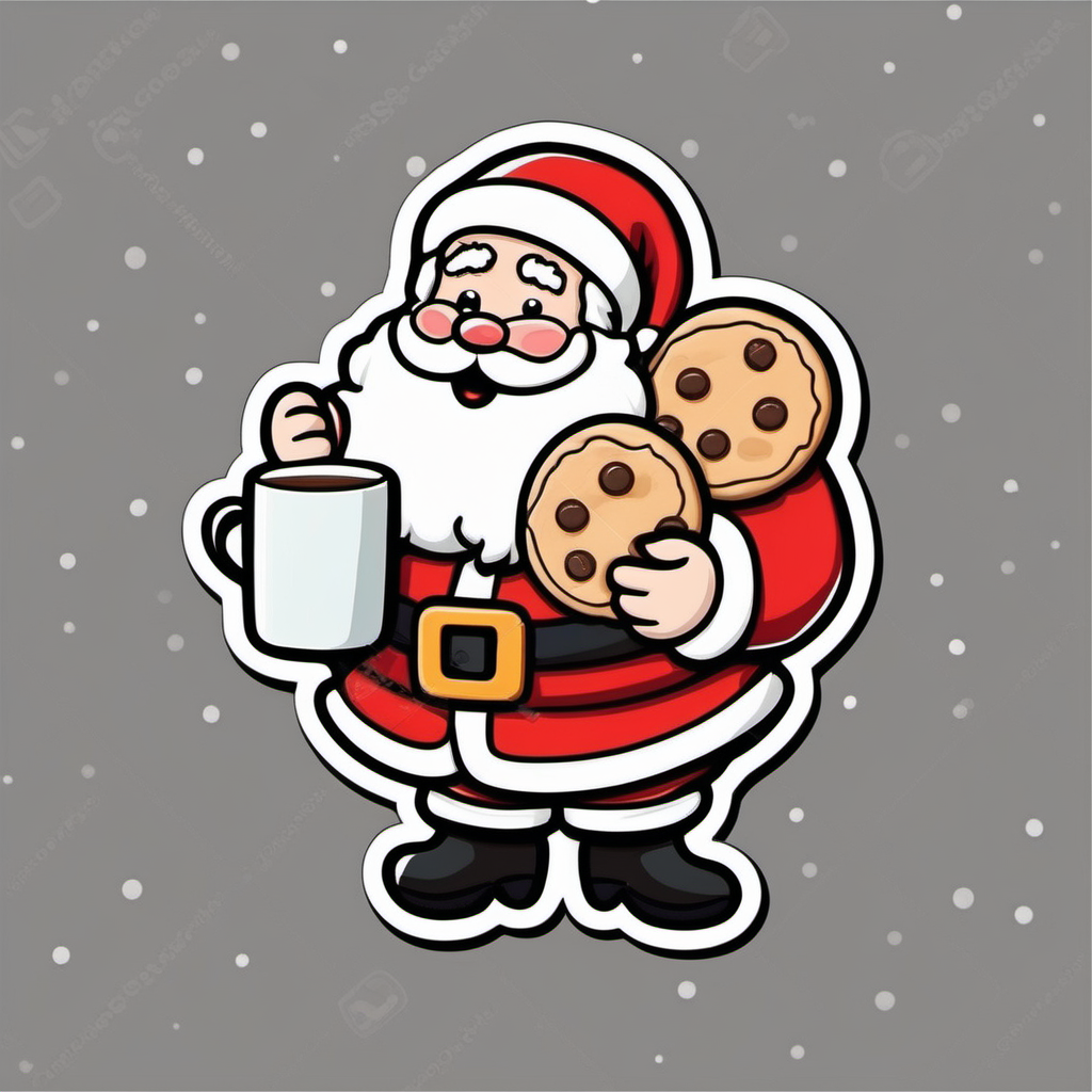 Sticker, Santa Claus with cookies and a Hot Cup of Cocoa, Christmas cookies, cartoon clipart, vector image, flat white background