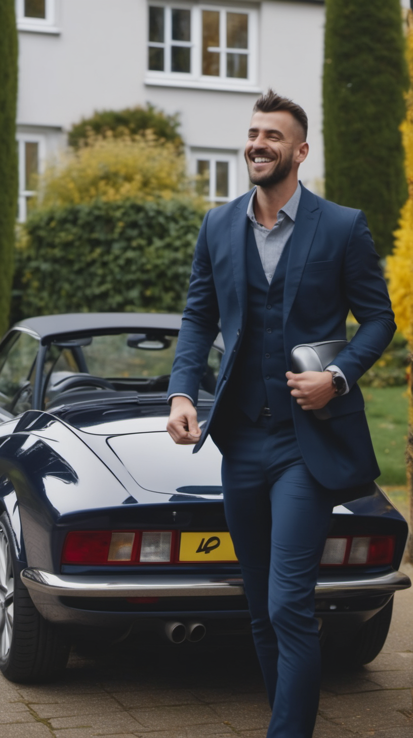 man wearing a suit  looking happy leaving his house to work with a sports car parked in his drive 4k