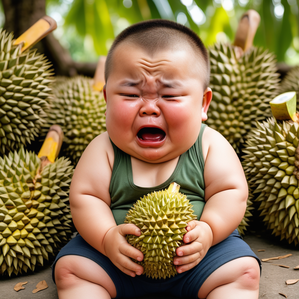 Cute Fat Little Boy with Round Cheeks. Picking Durian, Crying,