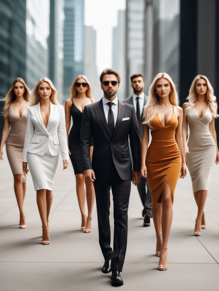 Photo of billionaire real  male guy lead and  beautiful women facing opposite direction