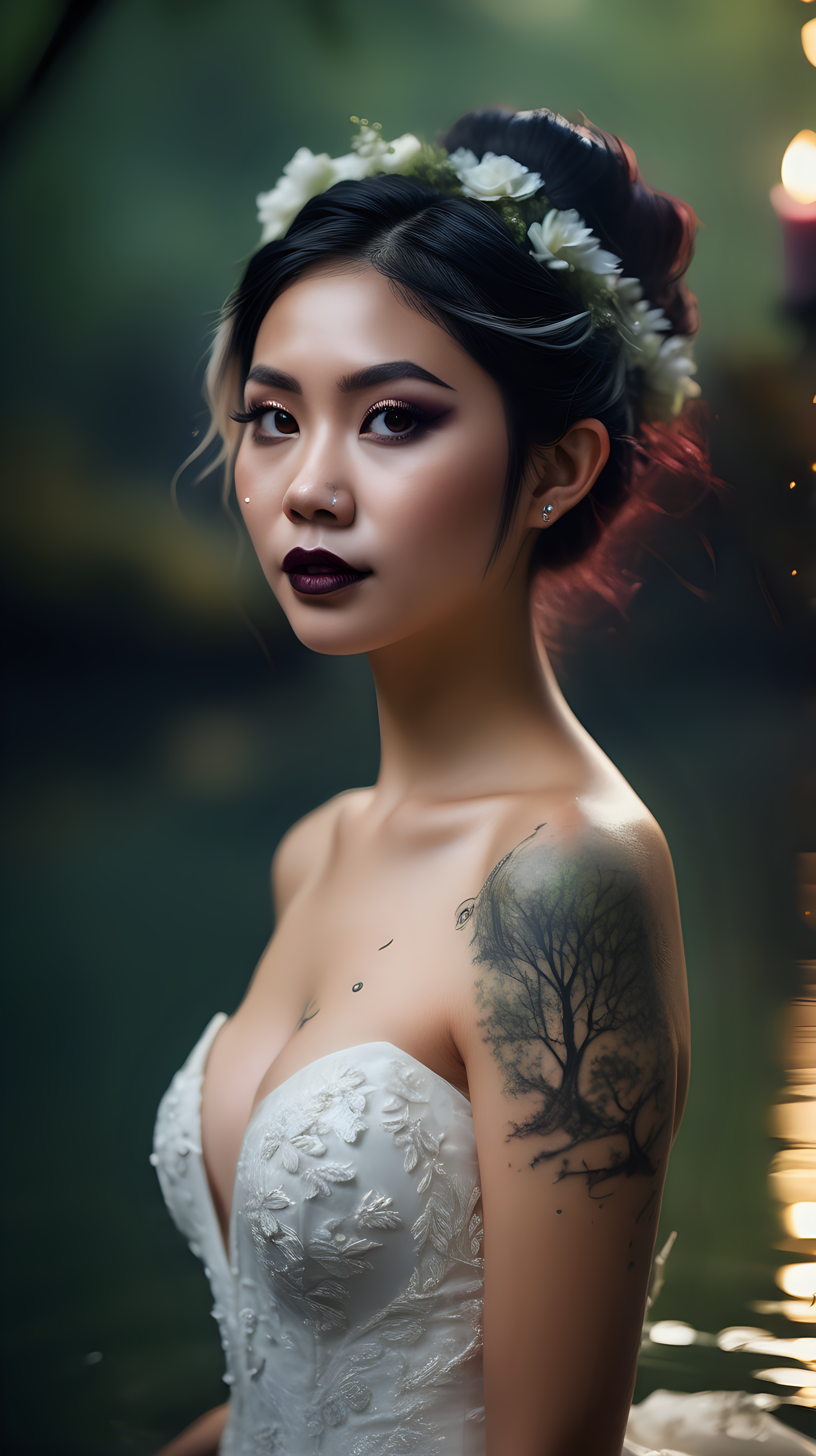 Beautiful Vietnamese woman, with elf ears, body tattoos, dark eye shadow, dark lipstick, hair in a messy updo, wearing a gorgeous wedding dress, bokeh background, soft light on face, swiming waist deep in a lake in front of elaborate candlelit forest wedding, photorealistic, very high detail,  extra wide photo