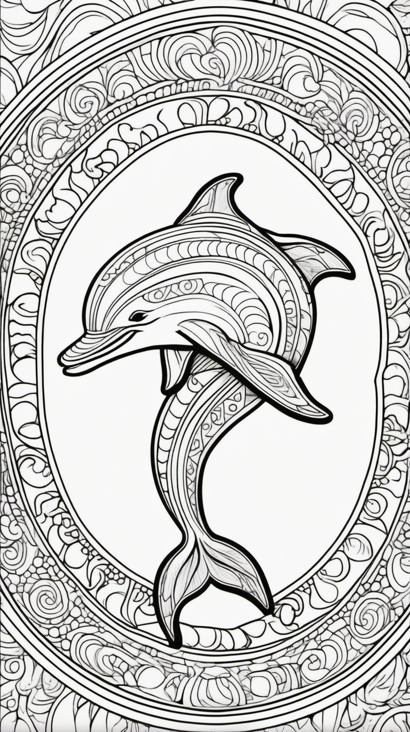 dolphin, mandala background, coloring book page, clean line art, no color