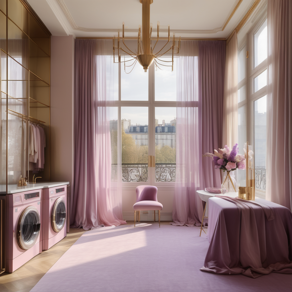 hyperrealistic image of large modern Parisian laundry, floor to ceiling windows, beige, pink, lilac and brass colour palette, brass chandelier, sheer curtains