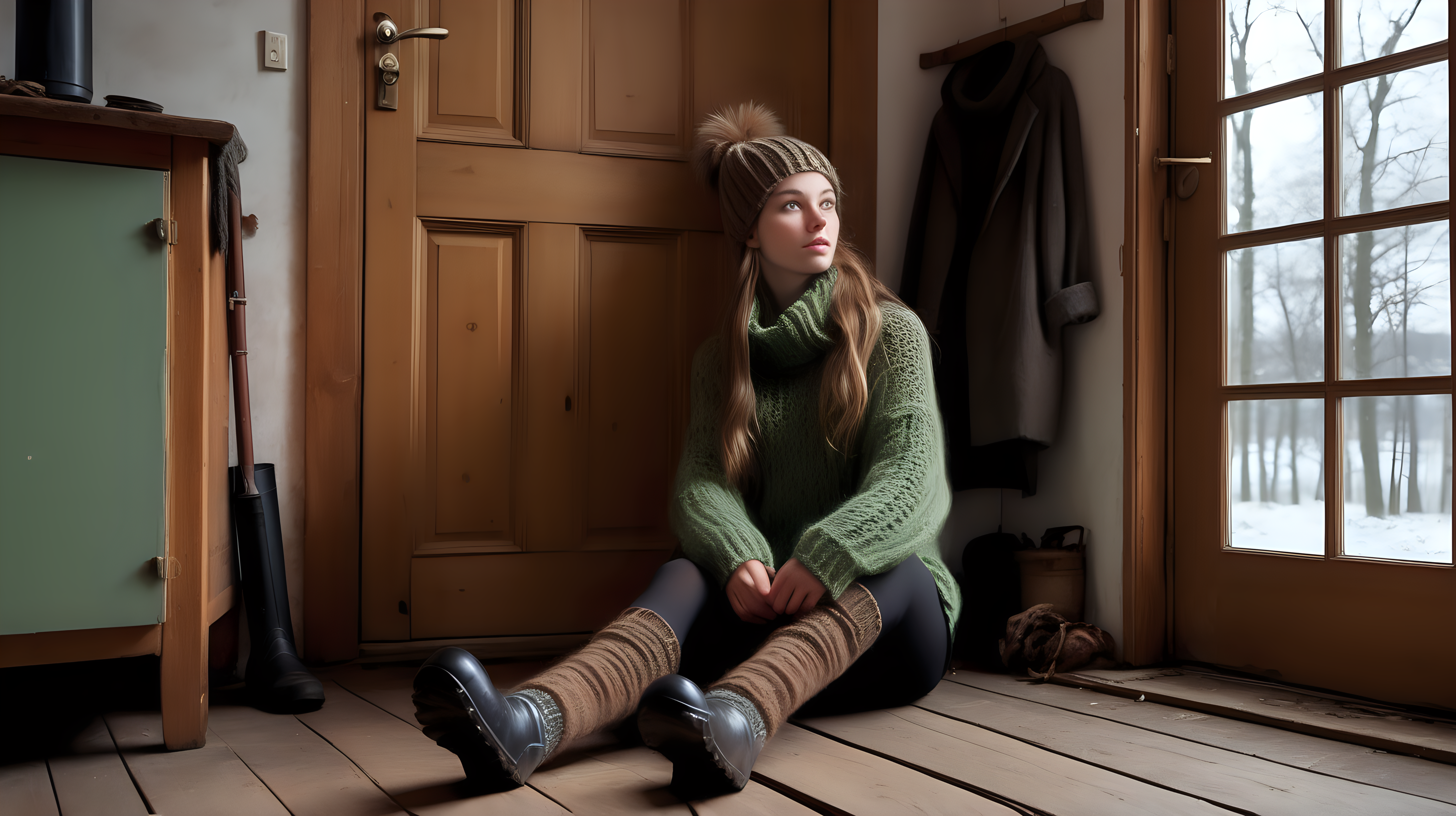 Hot women with long hair tied in a ponytail and green eyes. She is sitting on the floor in a country house with a wooden floor. It is a winter evening. Wood is burning in the stove, through the windows you can see night and trees in the distance. The moon shines brightly in the sky. It feels cold and quiet. The wooden door of the house can be seen next to the window. A knitted scarf, hat, gloves and a double-barreled shotgun hang from it. On the floor next to the door is a pair of rubber boots, knitted socks. Next to them a pair of low galoshes.
Around the girl are unfinished knitting. She is wearing a brown hand-knitted thick woolen sweater. Tight on her body.  Her legs are 
 in thick black elastic leggings. He wears two pairs of socks. Brown hand knitted wool socks and under other knitted socks.  Door is old and dusty.
