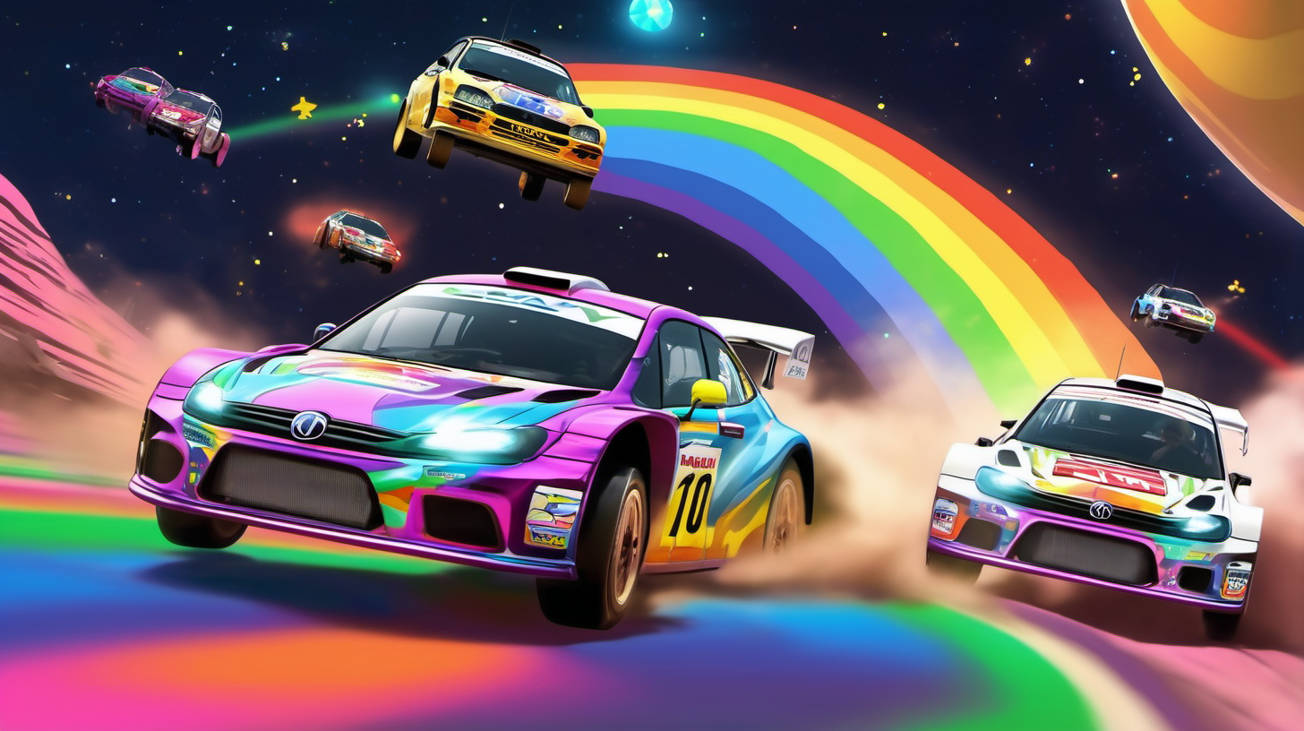 rally cars racing on a rainbow road, in space