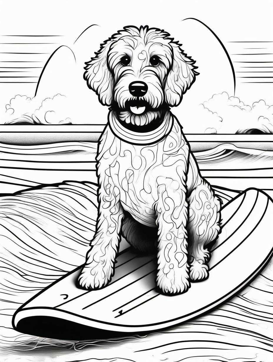 A cute goldendoodle at a whimsical surf competition with other animals in surfing attire for coloring book with black lines and white background