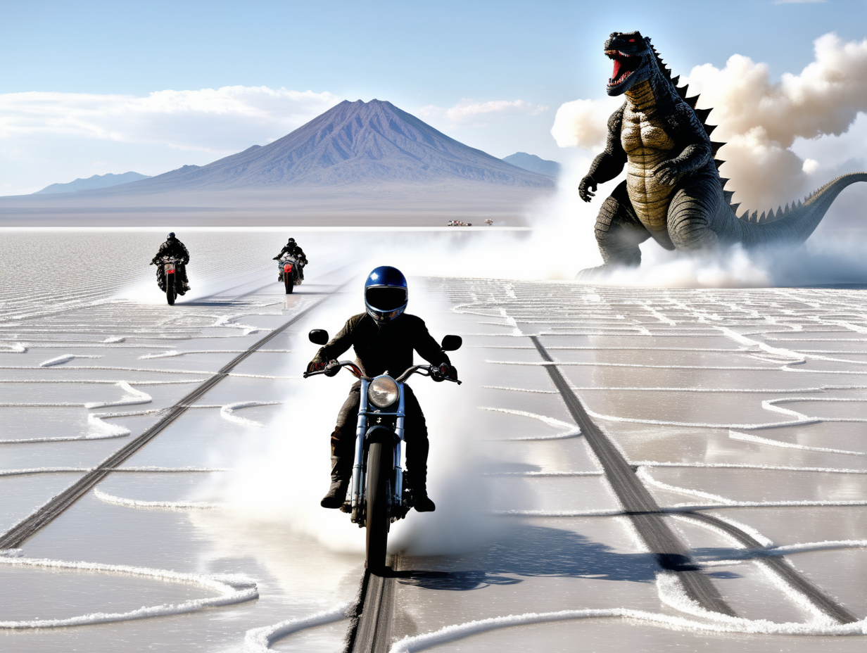 Motorcycles race on salt flats chased by Godzilla