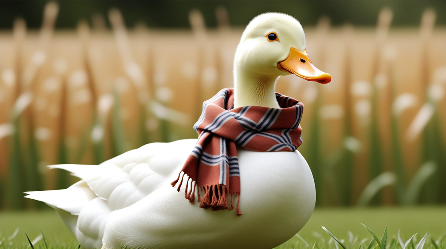 Describe a white duck with scarf looking for a nest in a field.