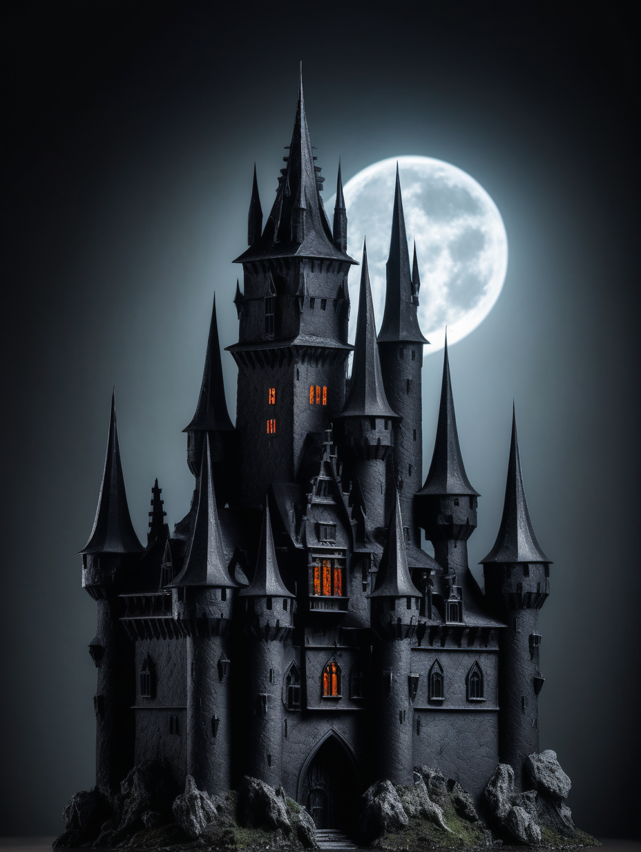 gothic castle, blacklit with small windows. 3 pointed spires. Similar to Dracula´s castle. Light background. Black castle