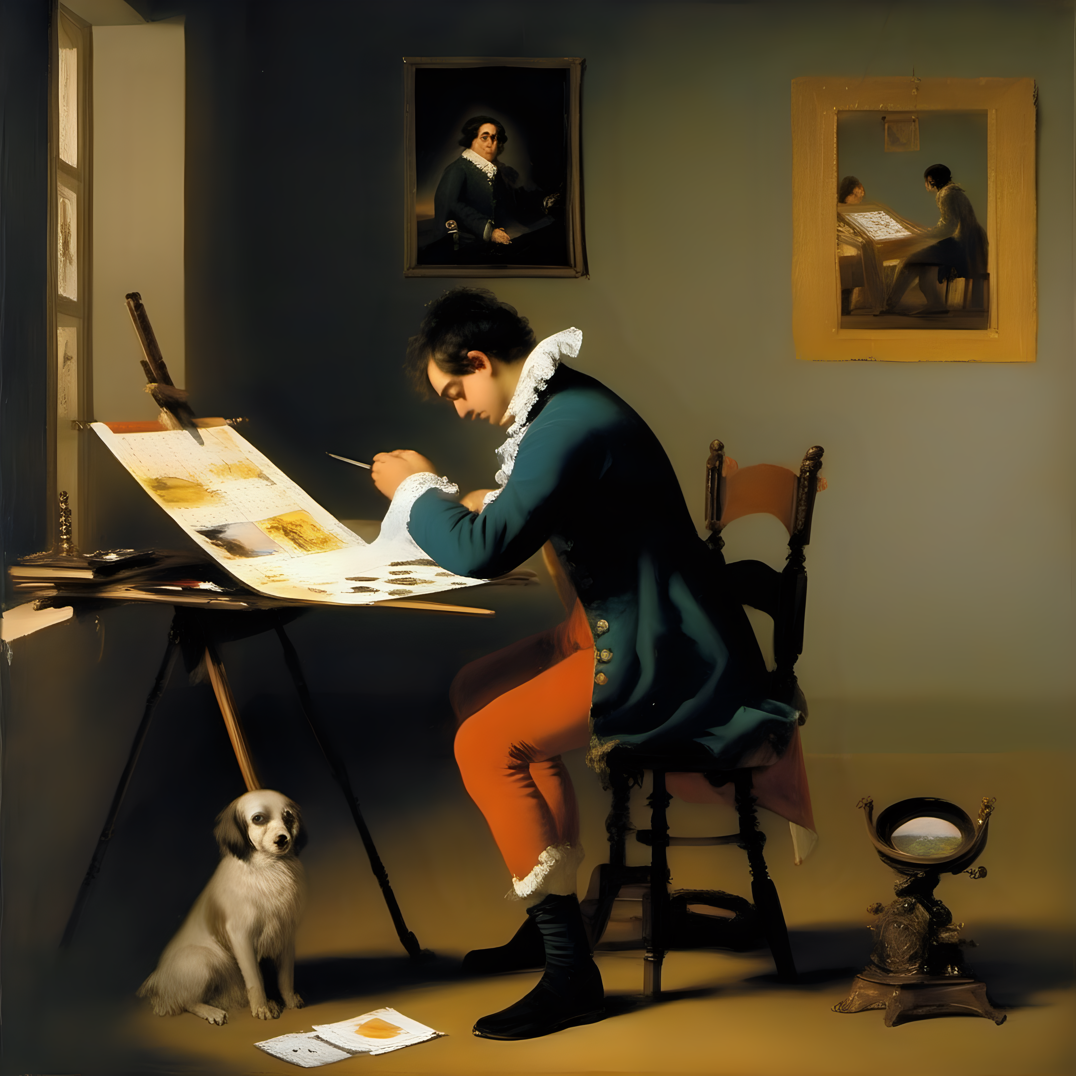 A young man creating an image calender for his love, together with an AI model, Francisco de Goya oil painting