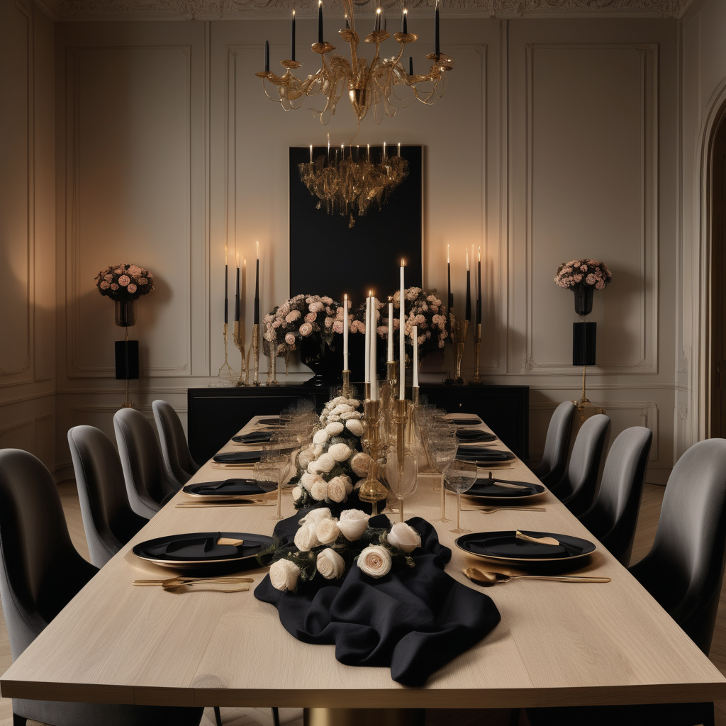 a hyperrealistic of a grand Modern Parisian dining table properly set for a dinner party for 12 people in a beige oak brass and black colour palette with  flowers and candles and mood lighting
