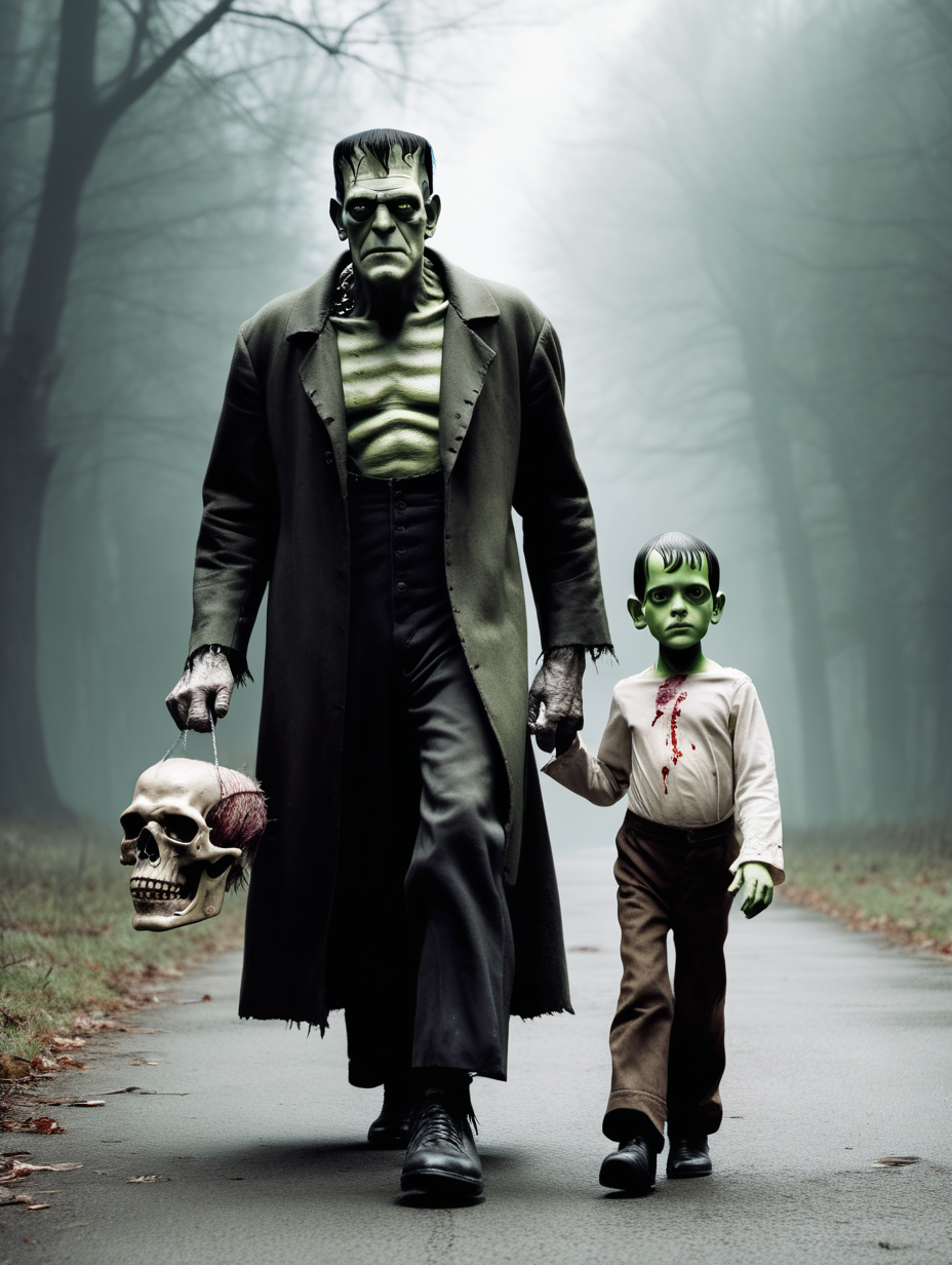 Frankenstein walking with a severed human head