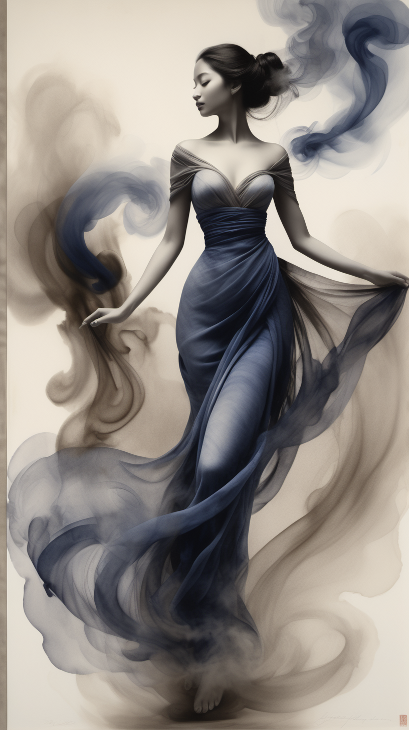 a woman's form floating across an image with smoke, in the style of ink wash paintings, graceful curves, light gray and indigo, intricate costumes, soft and airy compositions, flowing forms, light black and bronze --ar 68:128 --stylize 750 --v 5. 2