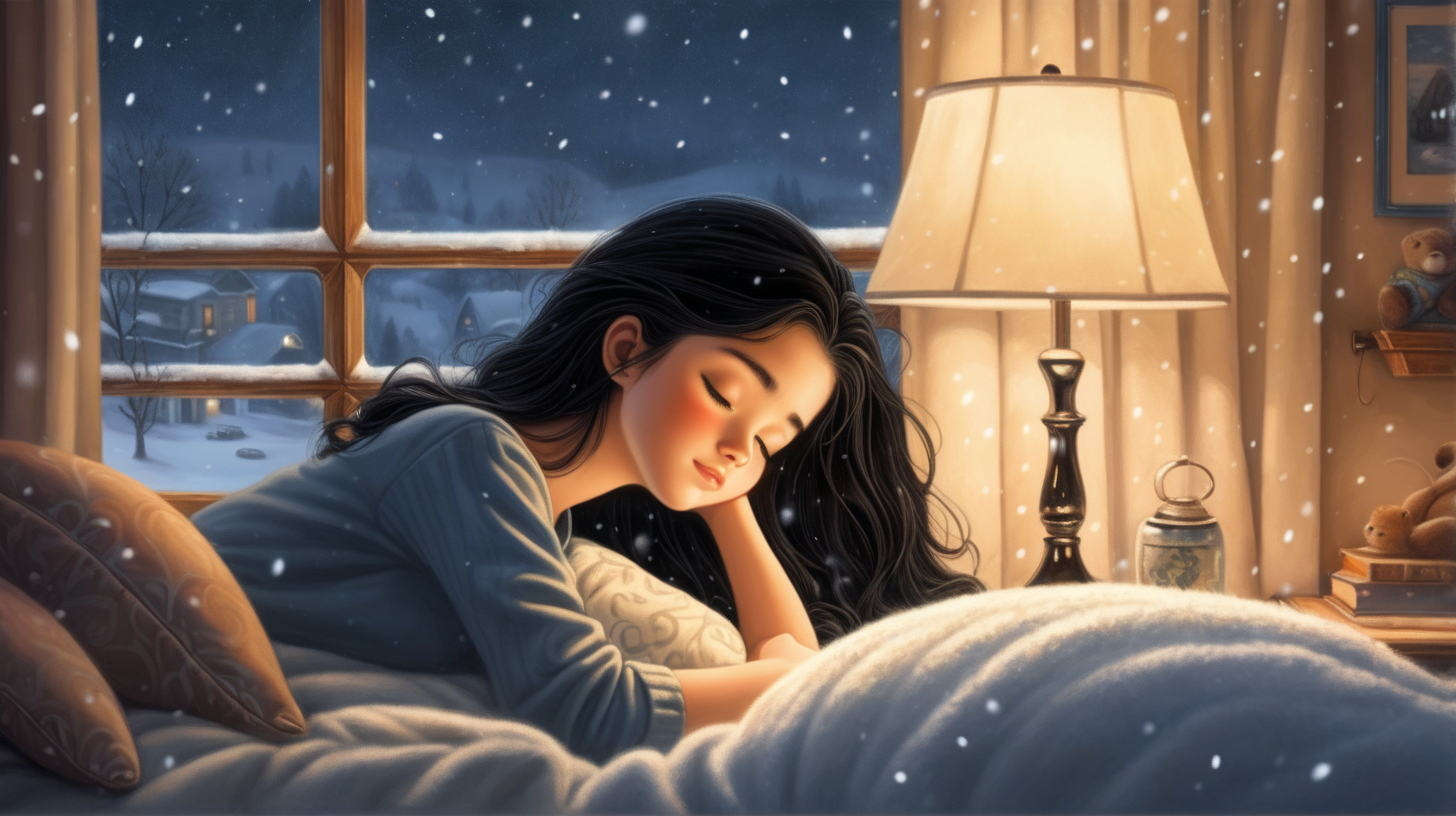 a beautiful girl is sleeping soundly in the bedroom, black hair, it is snowing outside the window, evening lighting from a lamp, deep focus: illustration for a story about a girl,