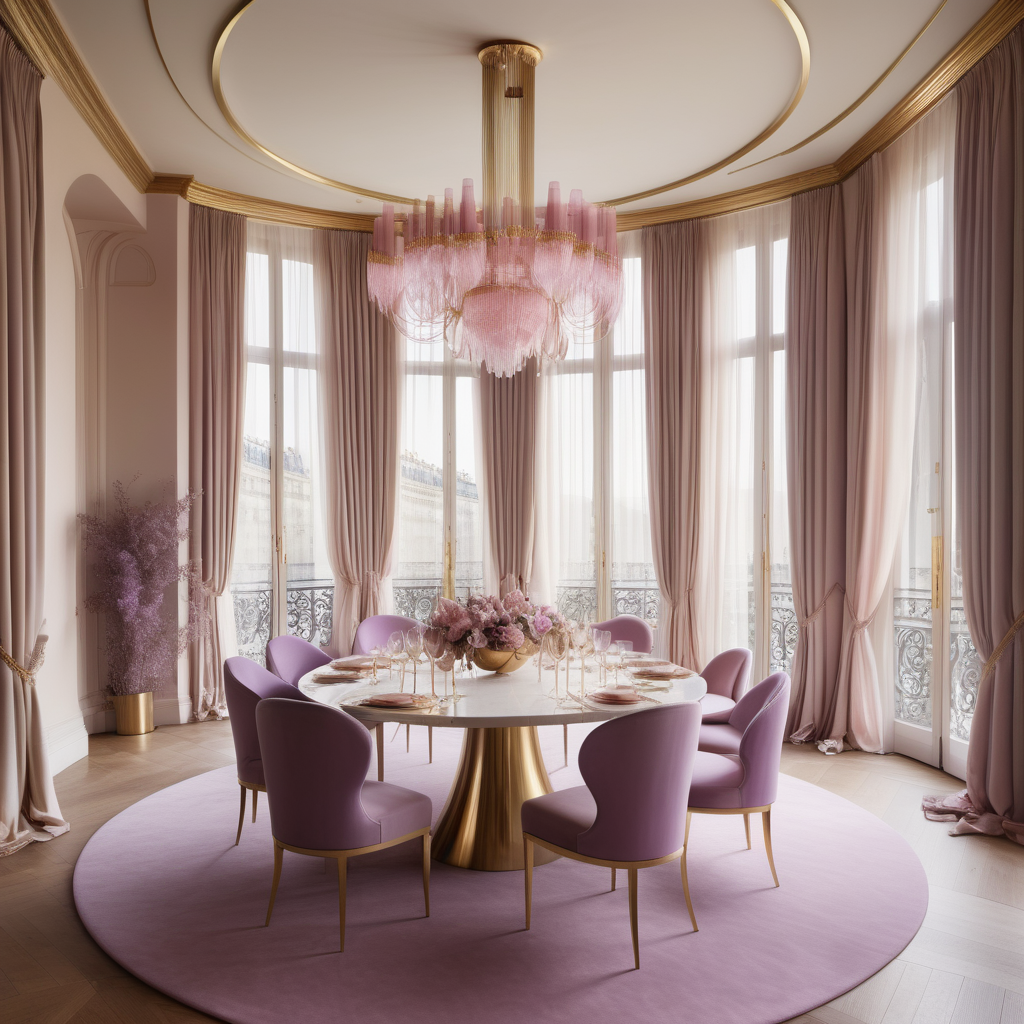 hyperrealistic image of large modern Parisian dining, floor to ceiling windows, curves, beige, pink, lilac and brass colour palette, brass chandelier, sheer curtains