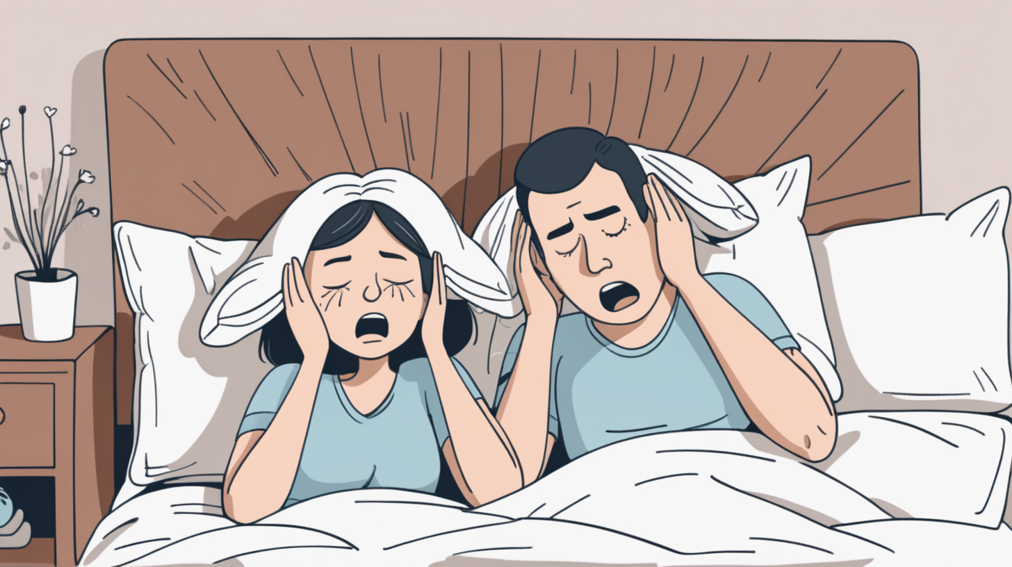 A simple illustration of couple on bed. woman covering ears with pillow. Husband is snoring. Close up