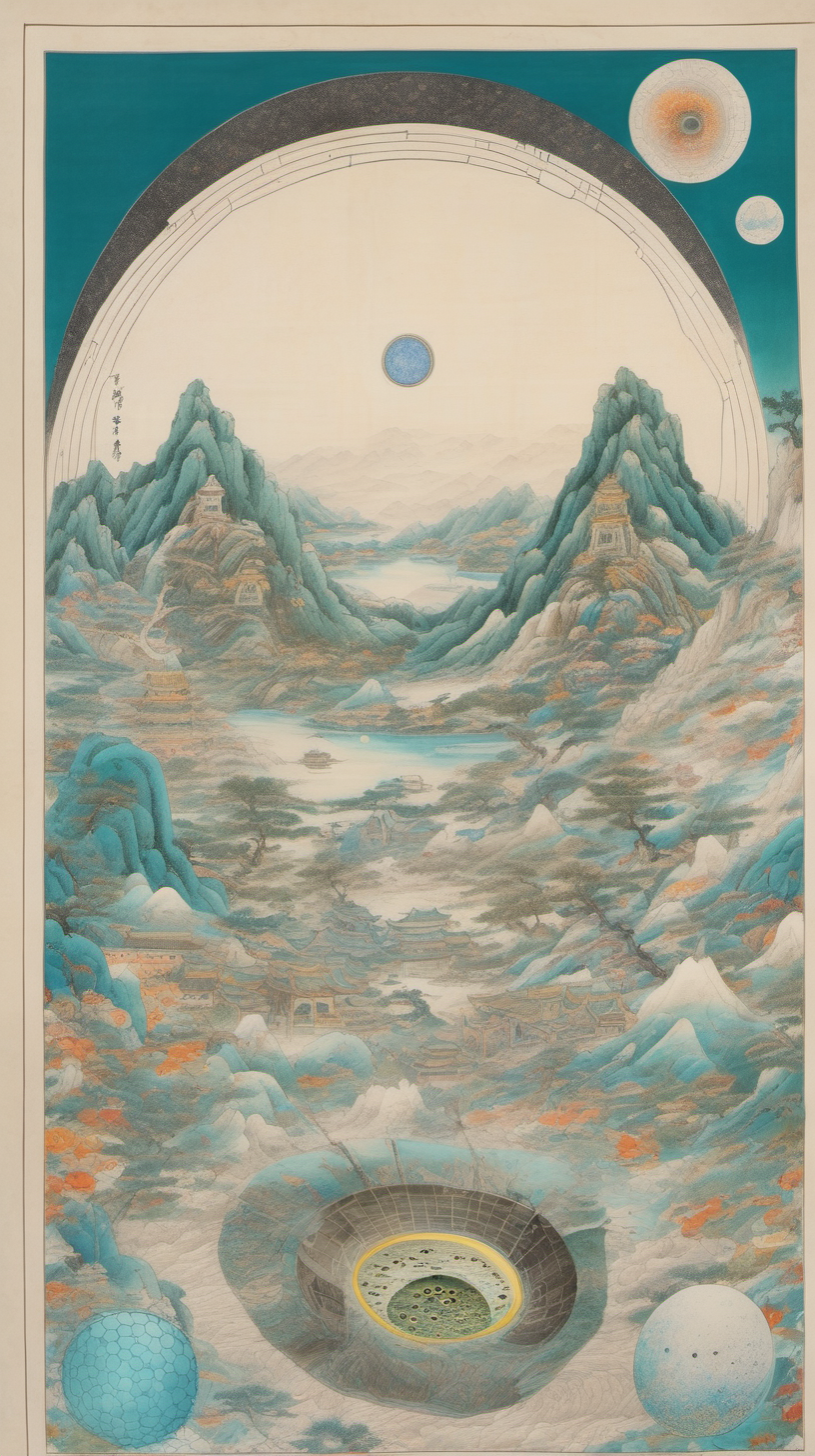 chinese gongbi drawing, with traversable wormhole, other worldly scenery, cosmos, quail eggs, greenblue mountain, underground 