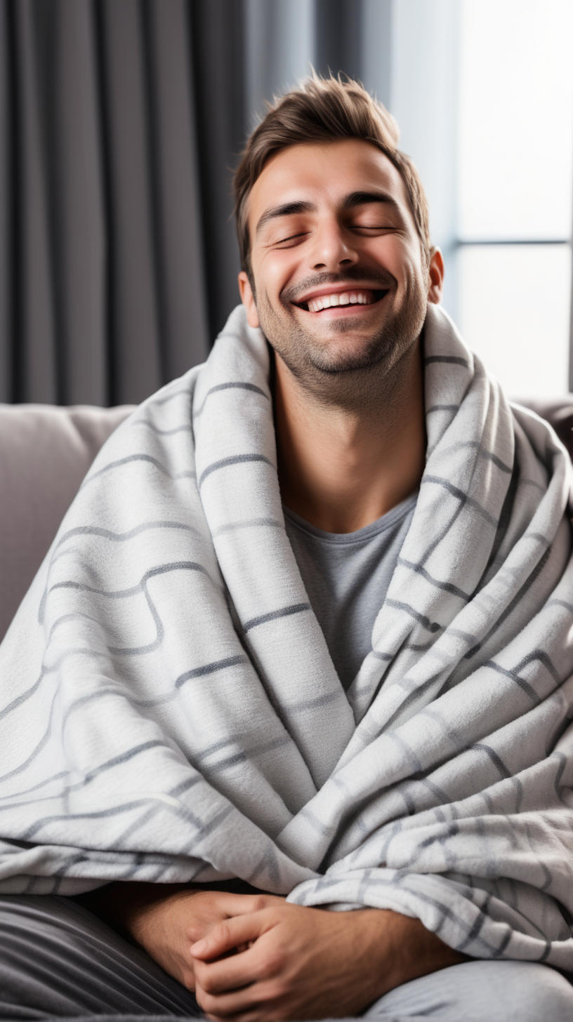 Man looking super sleepy and relaxed  smiling wrapped in blanket on the sofa 