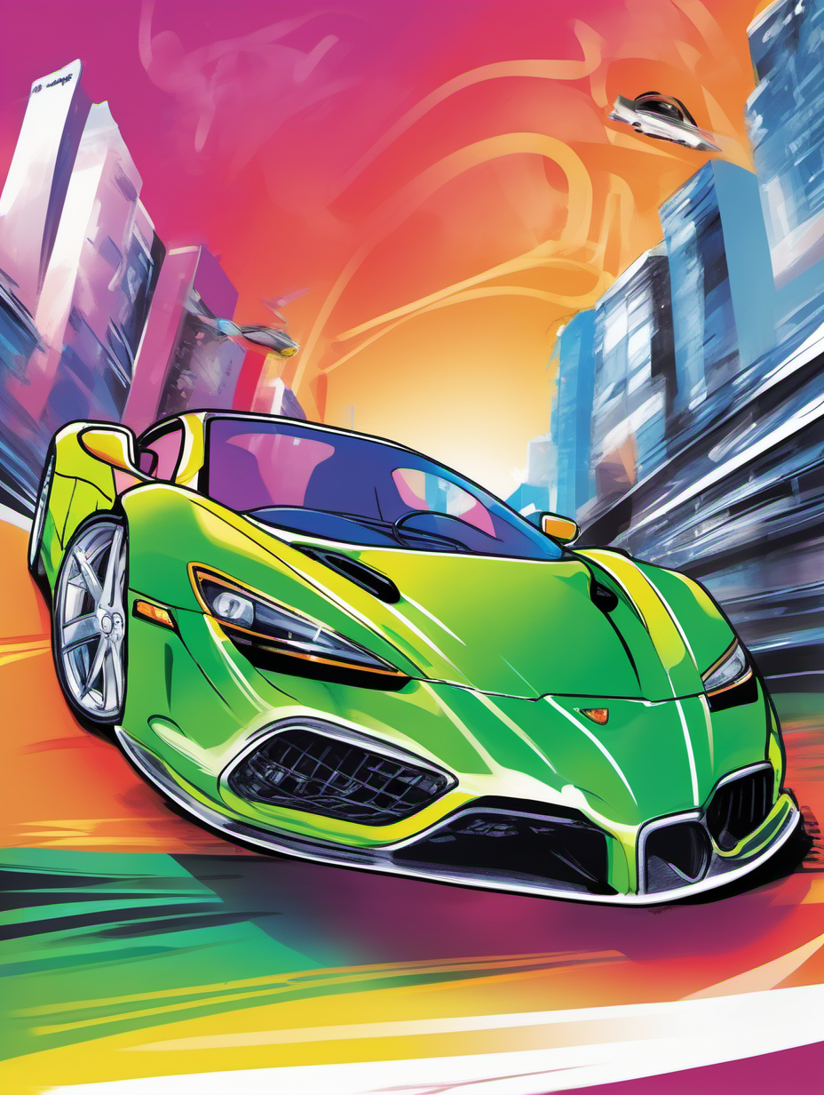 sportscar drawing for book cover in full vibrant colour