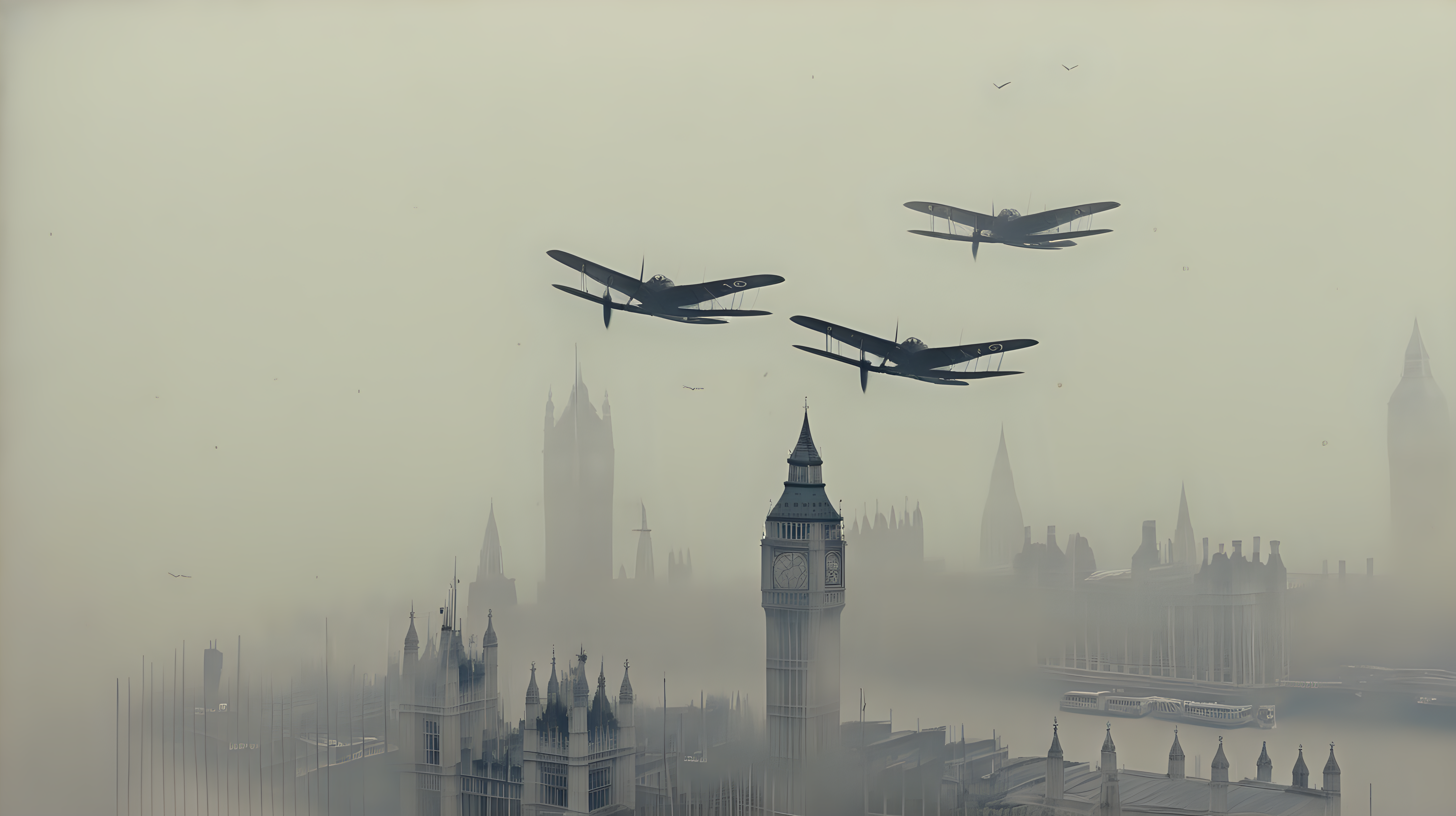 WW fighter planes flying over London bridge shrouded in fog 
