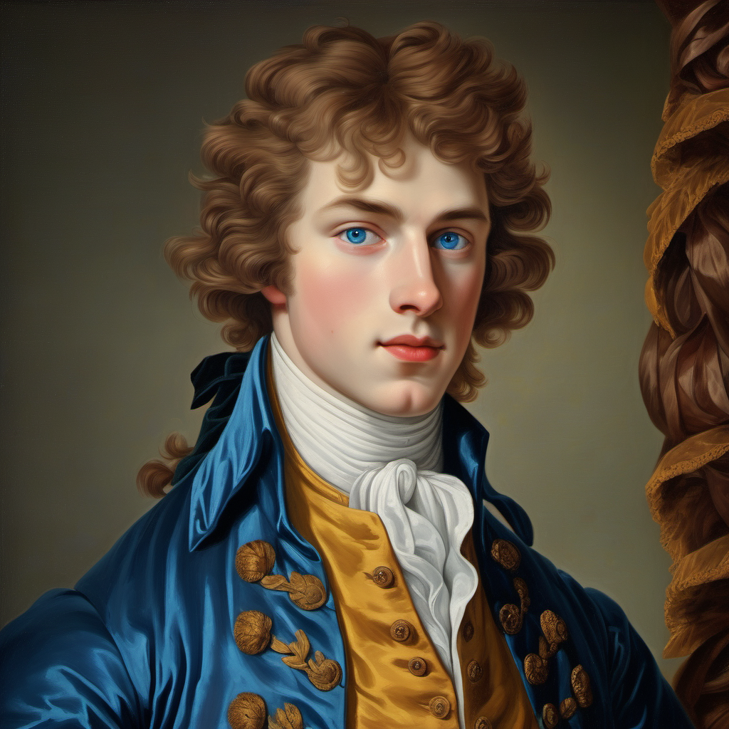 18th century handsome young man straight chestnut hair blue eyes