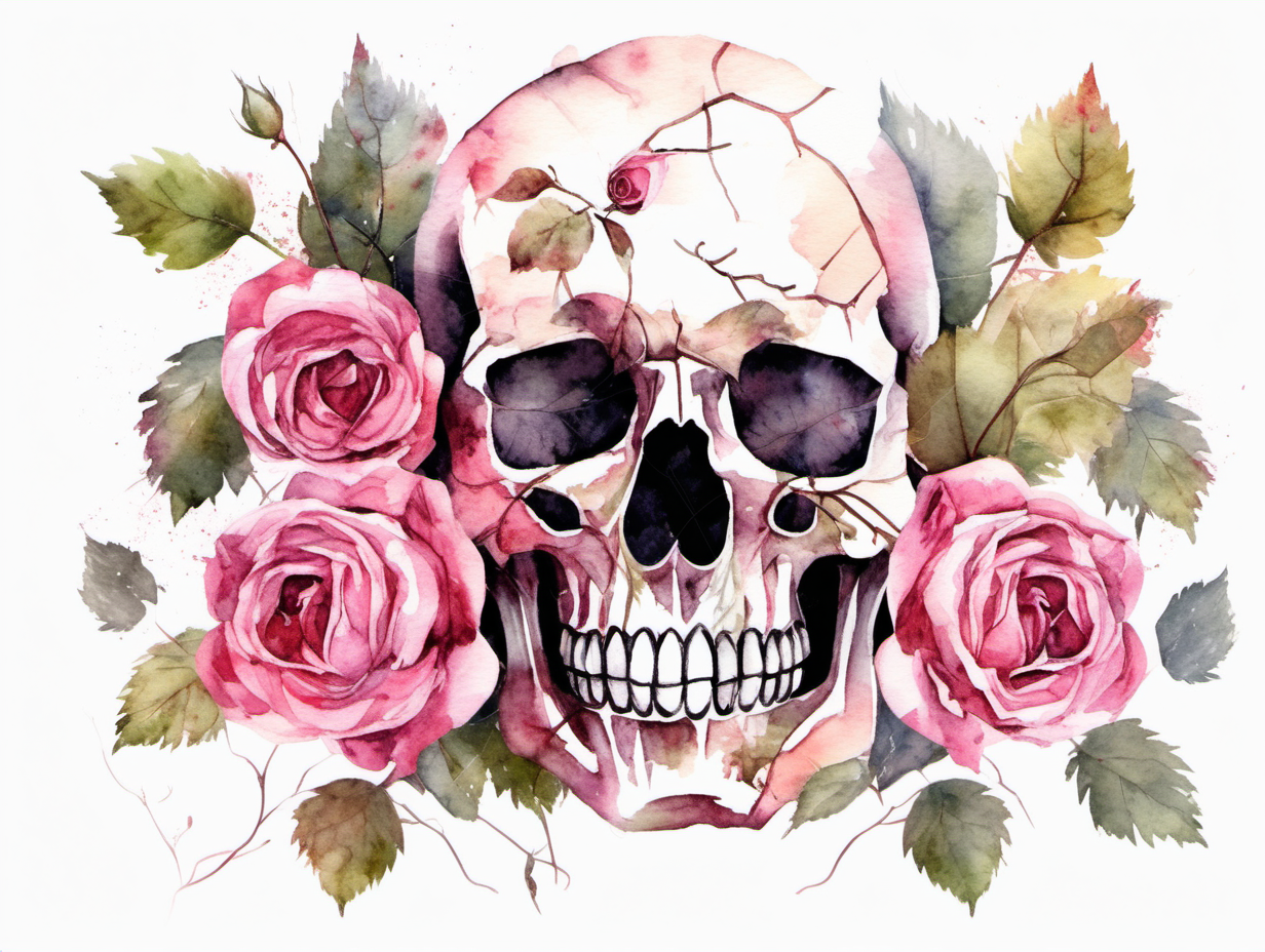 Skull with rose vines in the style of watercolor, on a white background