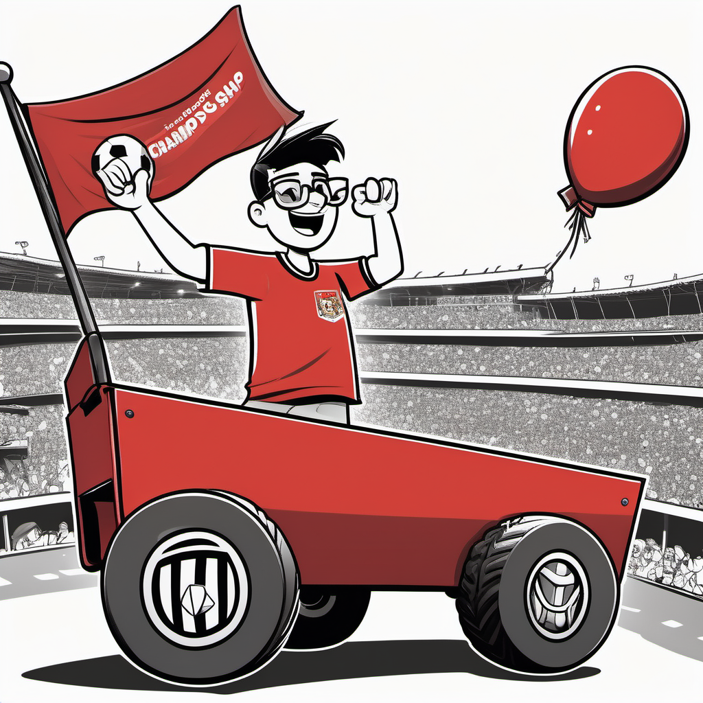 A football fan with glasses in a red shirt, celebrating the championship on a big wagon with a flat cargo platform (cartoon style and the background in black and white)