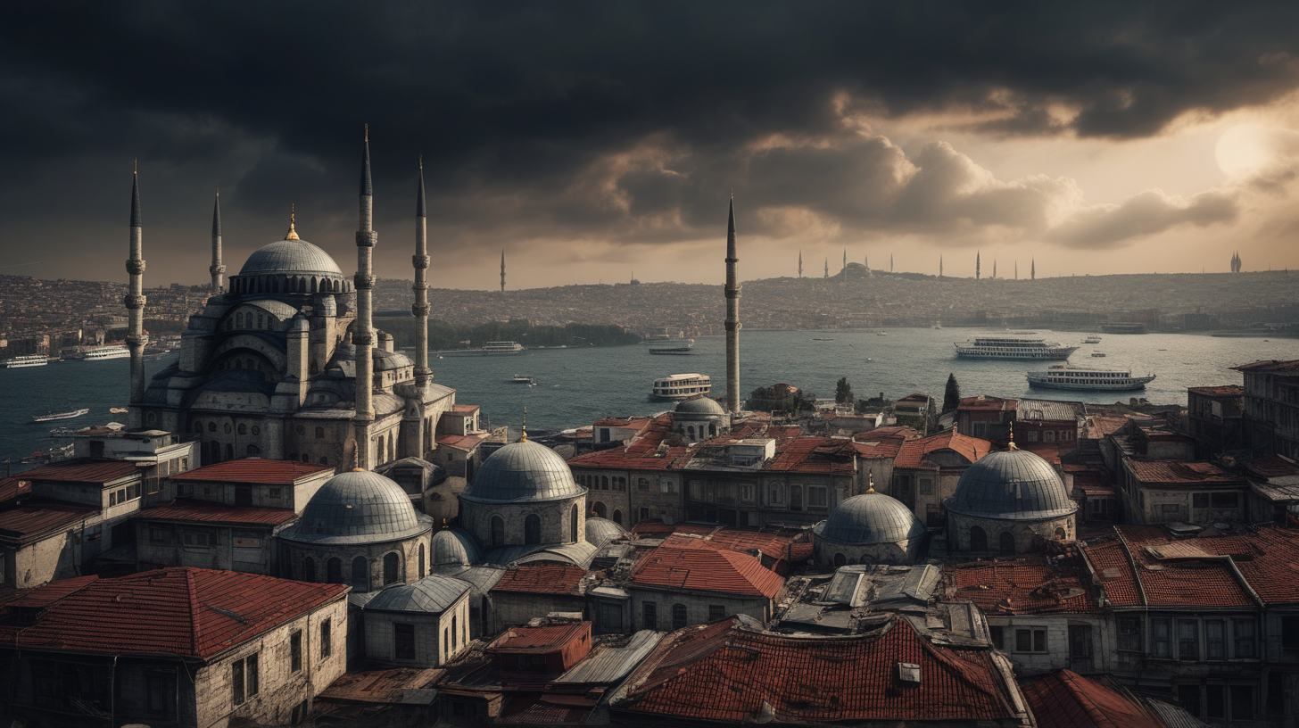 /imagine prompt: Historic Cityscapes, Istanbul, Turkey, year 1500, with its ancient roman structures –v 5.2and the overall moody atmosphere. Use a high-resolution 16k camera with a 16:9 aspect ratio, a raw style, and a quality setting of 2 to capture this atmospheric scene. –ar 16:9 –v 5.2 –style raw