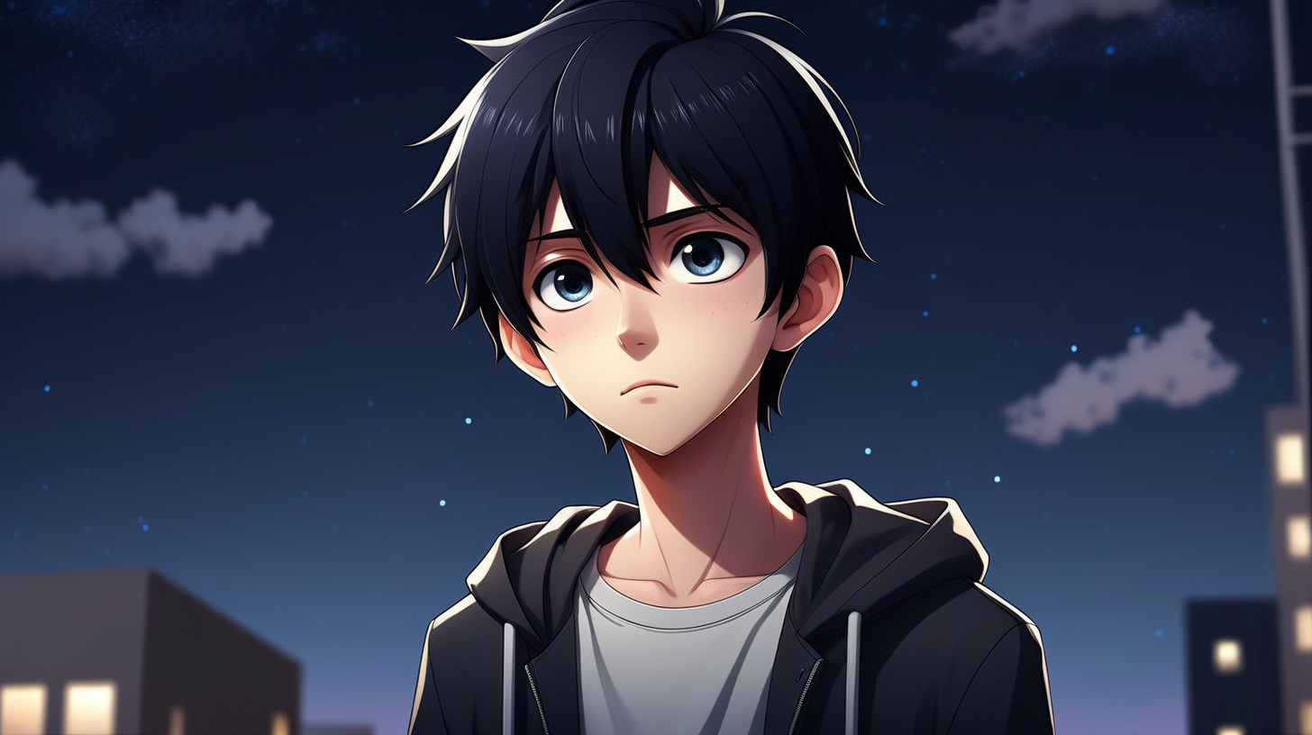 Late one night, handsome anime young boy, black hair, modern clothes, background with a beautiful night sky with lots of stars, simple full color, high quality, lively eyes, dark, gloomy, dark color, natural eyes, hd, hyper realistic,