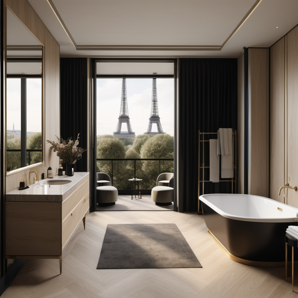 A hyperrealistic image a grand Modern Parisian hotel room and bathroom in one in a beige oak brass and black colour palette with floor to ceiling windows and a view of the gardens