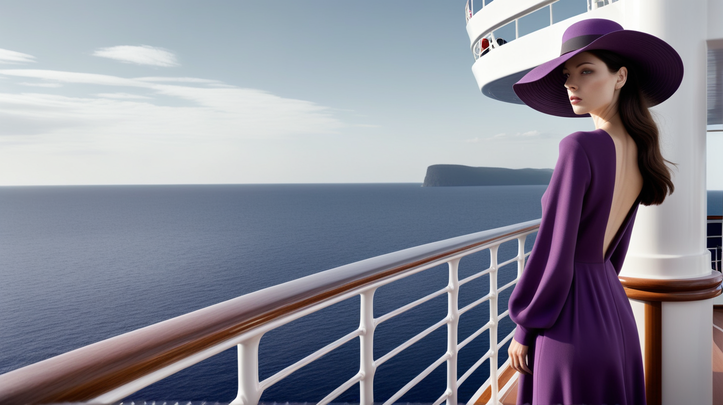 The brunette woman wearing  a long purple dress from Balenciaga and in stylish hat stands on the upper deck of a cruise ship  and looks into the distance 