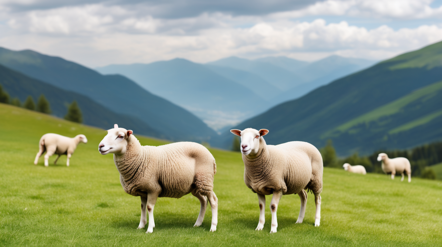 Sheep in meadow, isolated on moutain background, copy space