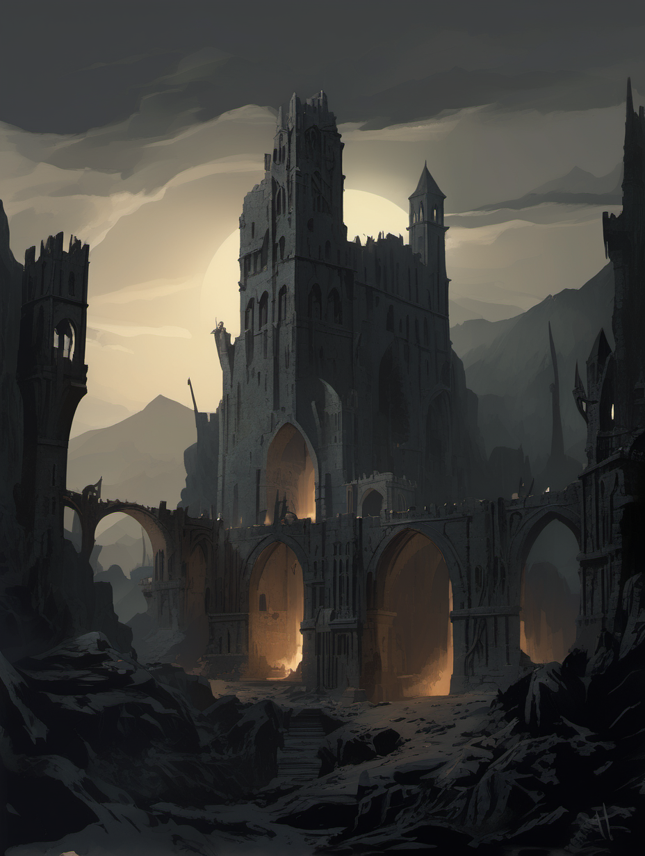 Grimkeep, a ruined city in middle earth in dark colours