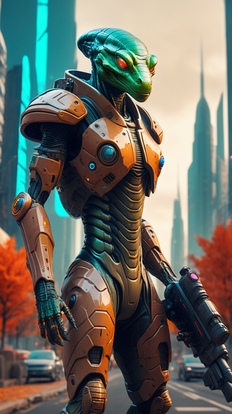 reptile alien with futuristic cyber armor, holding plasma canon, autumn color pallet, futuristic cyberpunk city background 