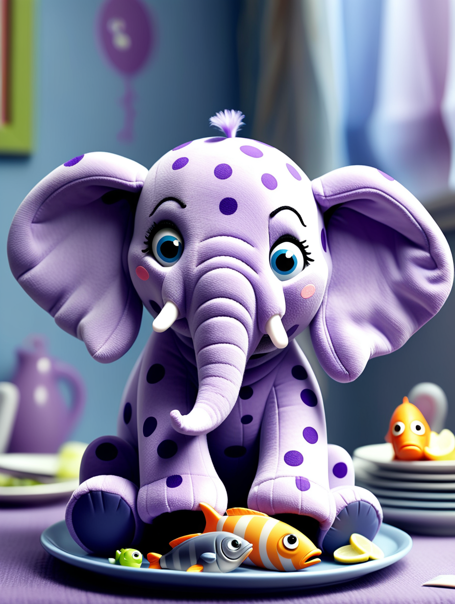 purple spotted elephant stuffed cuddle toy, full body, with a very sad face frowning crying streams of tears; a plate of fish, pixar style animation
