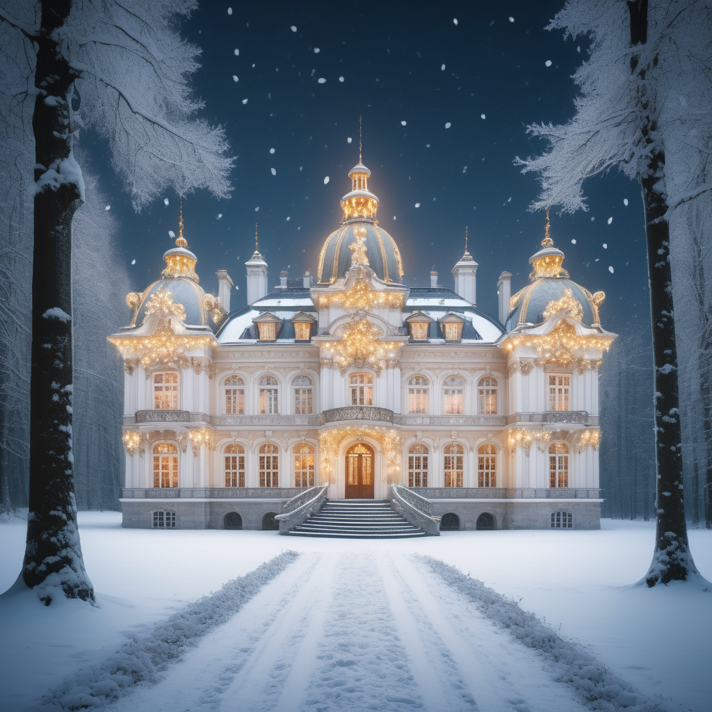 Rococo architecture palace in the woods with snow