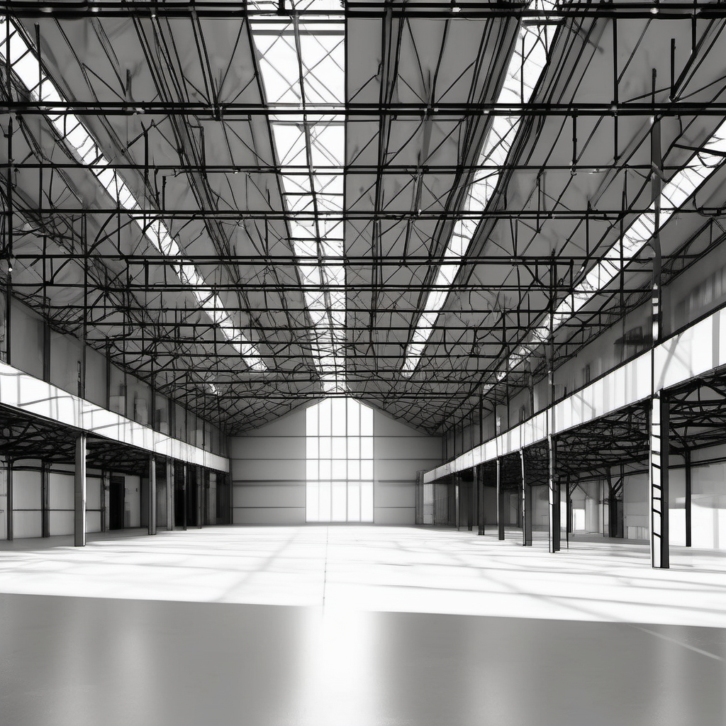 generate an architectural sketch of a large high ceiling empty warehouse