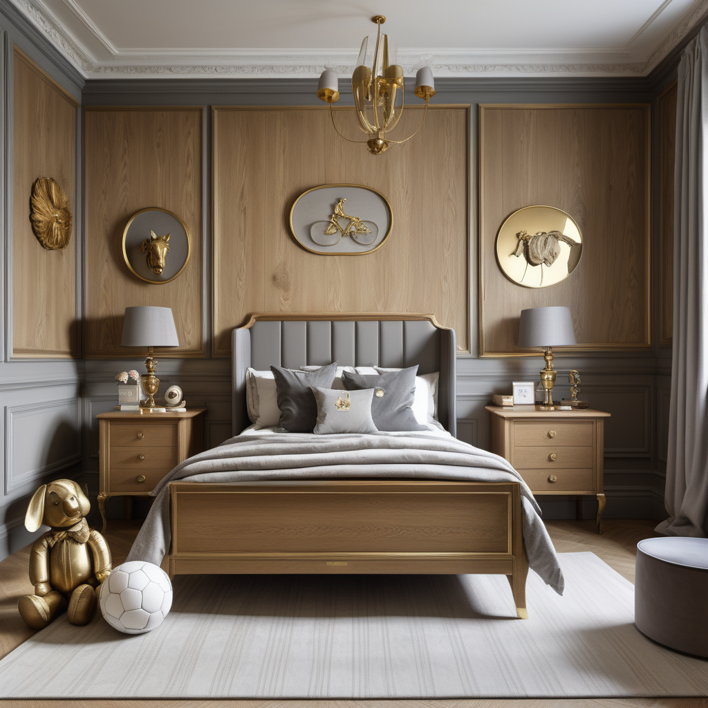 hyperrealistic image of a modern Parisian large childrens room with a brass double bed; oak wall panelling; beige and grey equestrian wallpaper; beige, oak, brass and slate-grey colour palette