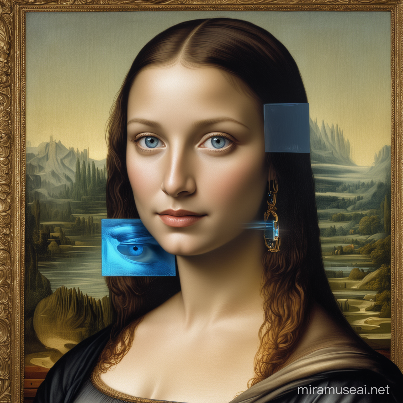 Futuristic Mona Lisa with Luminous Blue Gaze