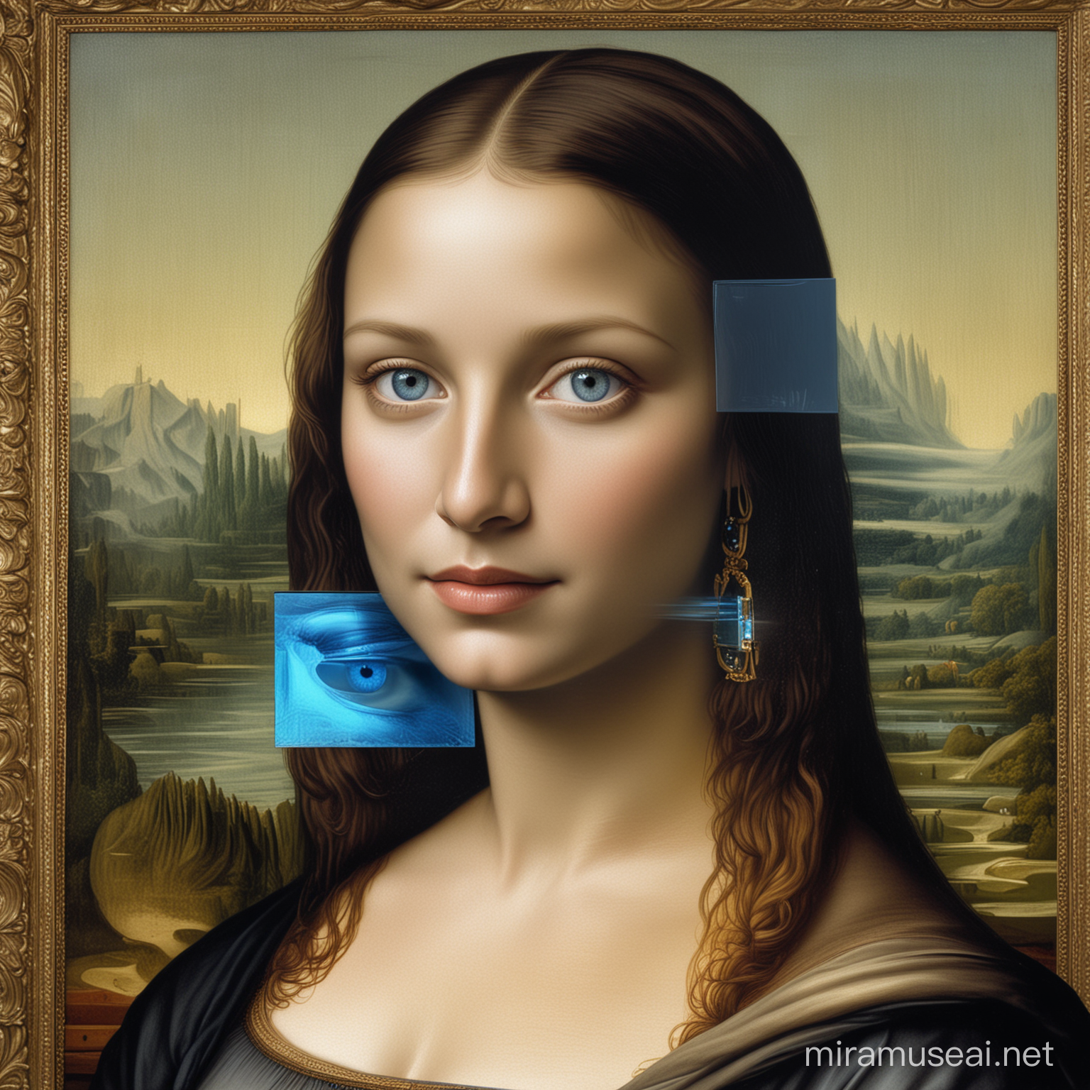 la mona lisa futurista con ojos azules reflectivos