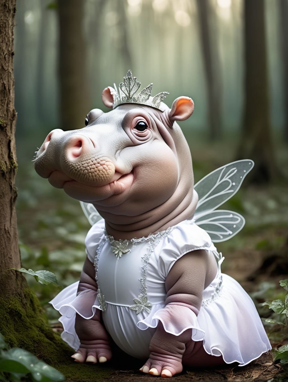 hippo in white fairy outfit in the woods