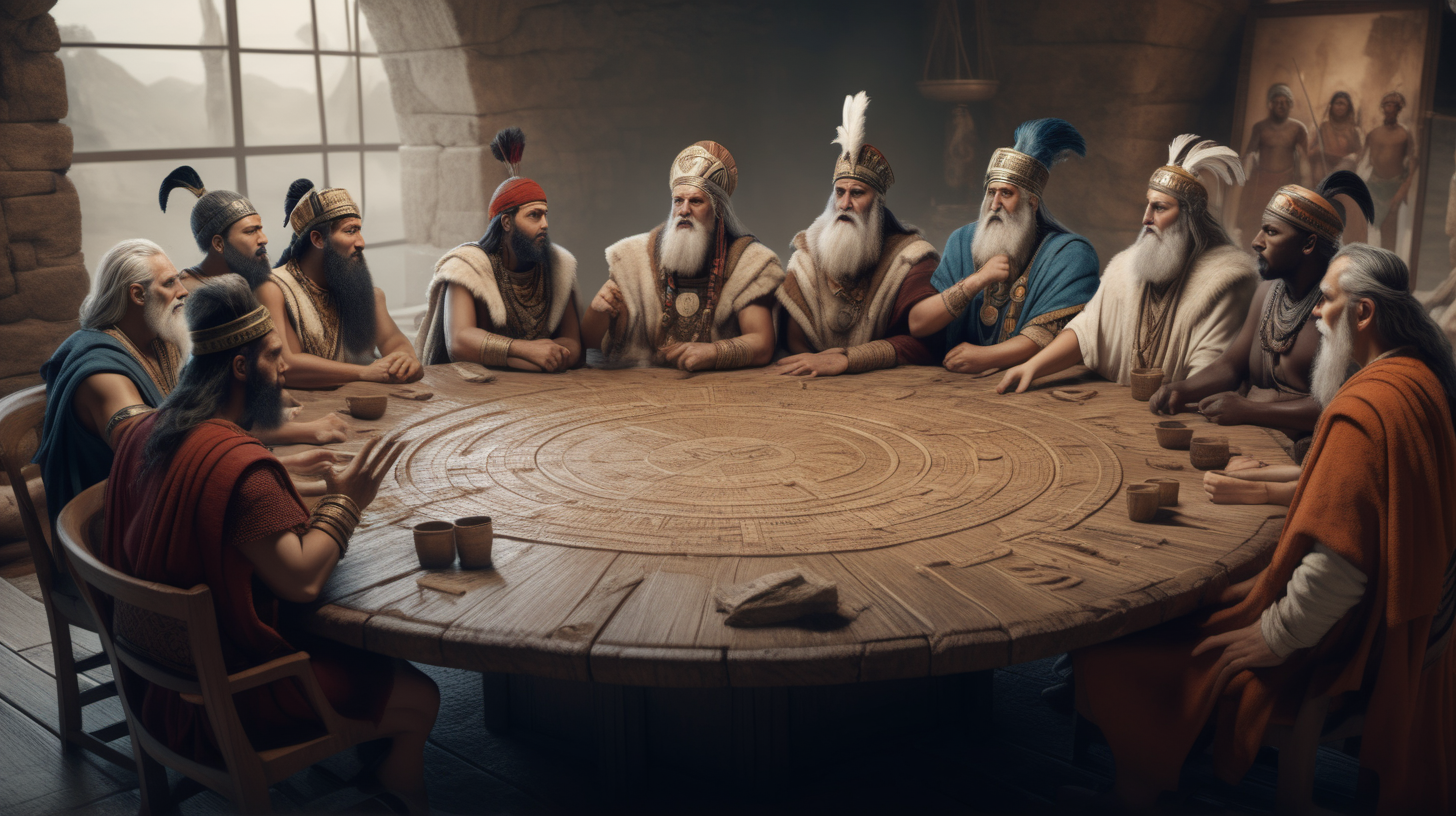 8k image of a ancient nation leaders mad a mix of different races, arguing around a round table, about the history and what really caused the great flood