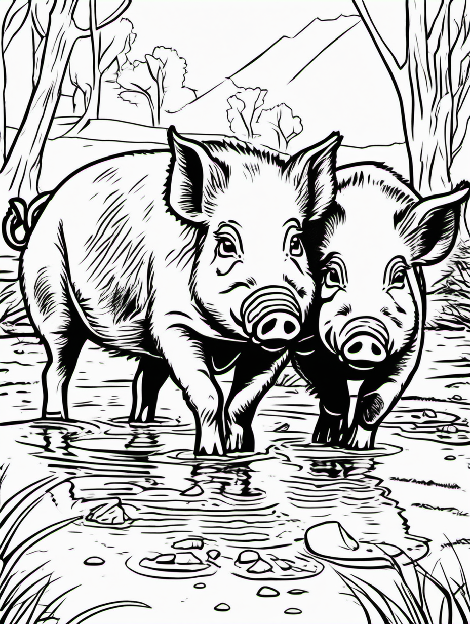 wild pigs in the mud , coloring page, low details, no colors, no shadows