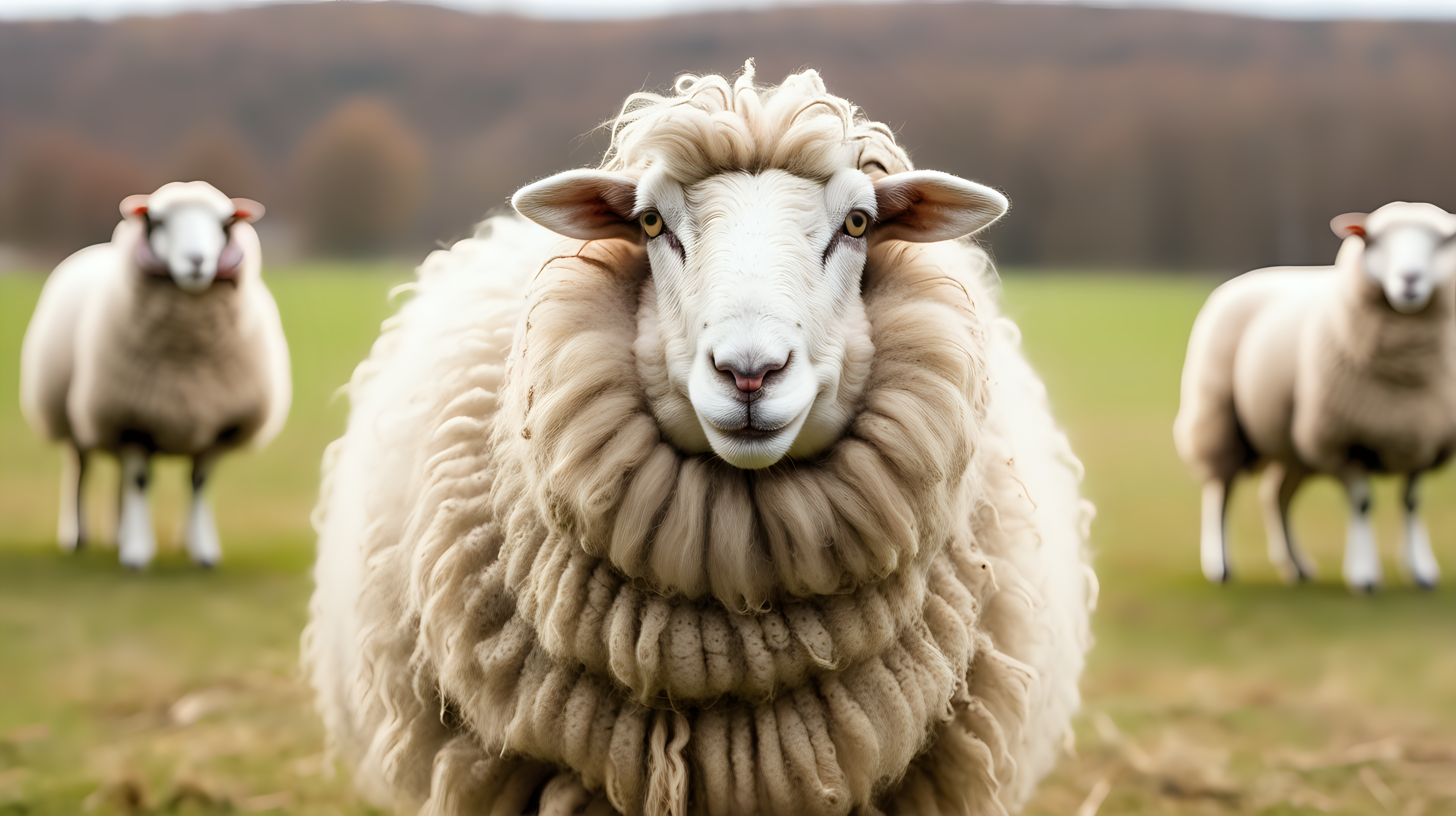 Portrait woolly sheep on the farm, isolated on field background, copy space, photo shoot
